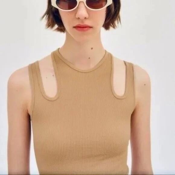 Zara Tan Camel Cutout Crop Tank Top Sleeveless Ribbed Women's Size XS - Small - Picture 1 of 10